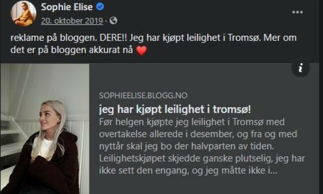 BLOGGET OM KJØP: Isachsen la 20. oktober ut et nå slettet blogginnlegg om at hun hadde kjøpt leilighet. Facebook-innlegget er fortsatt tilgjengelig. Foto: Skjermdump Facebook BLOGGET OM KJØP: Isachsen la 20. oktober ut et nå slettet blogginnlegg om at hun hadde kjøpt leilighet. Facebook-innlegget er fortsatt tilgjengelig. Foto: Skjermdump Facebook